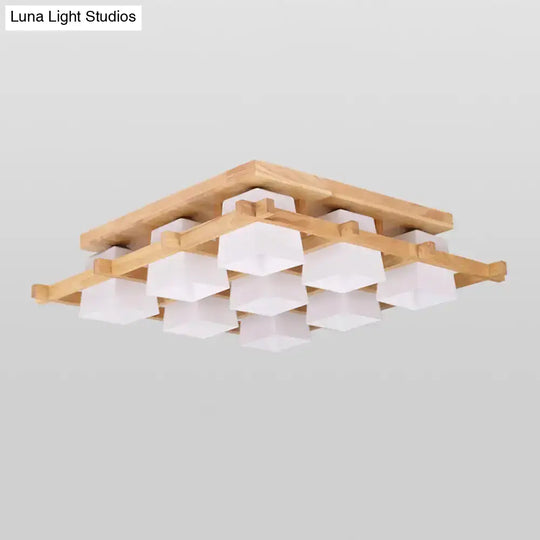 Nordic Light Wood Grid Semi Flush Mount With Frosted Glass Shade - 4/6/9-Light Ceiling