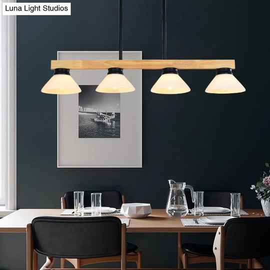 Nordic Linear Wood Hanging Light With 4 Heads And Opal Glass Shade In Gold/Black Finish