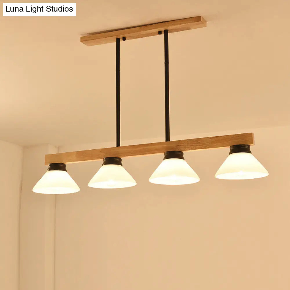 Nordic Linear Wood Hanging Light With 4 Heads And Opal Glass Shade In Gold/Black Finish