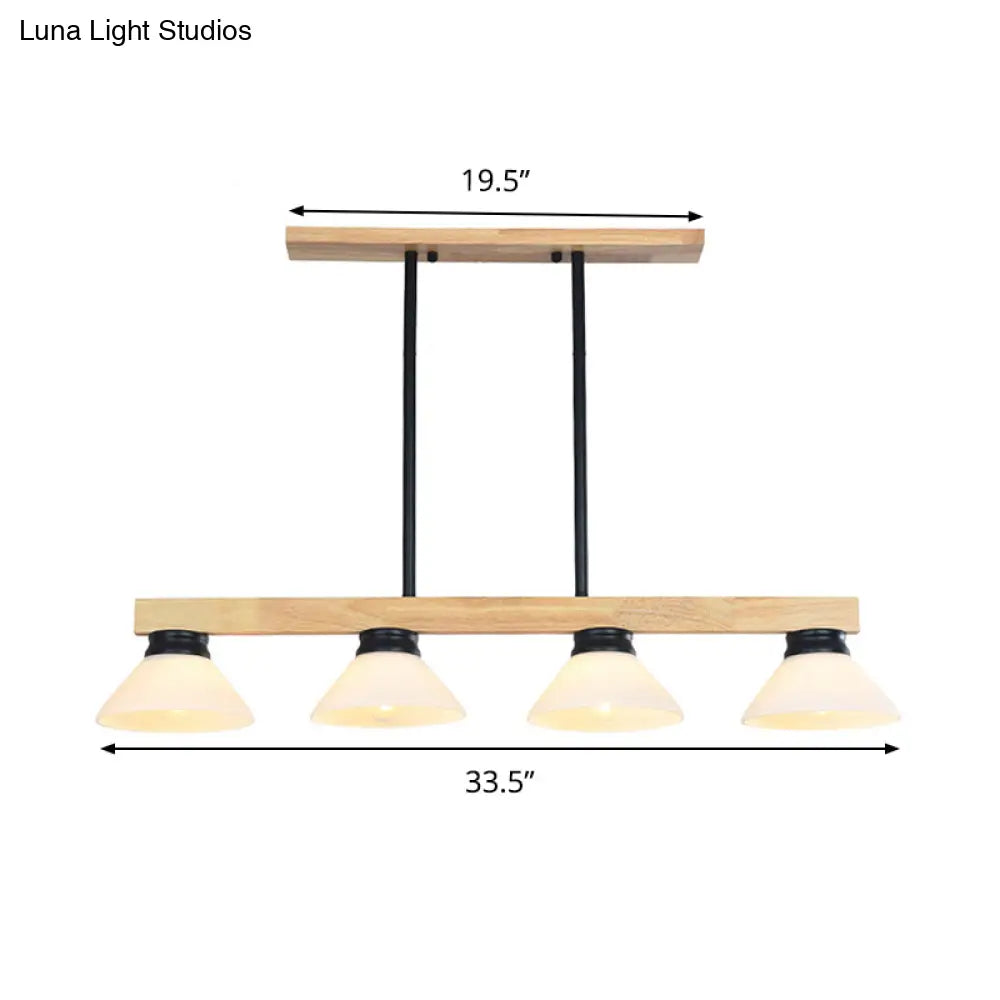 Nordic Linear Wood Hanging Light With 4 Heads And Opal Glass Shade In Gold/Black Finish