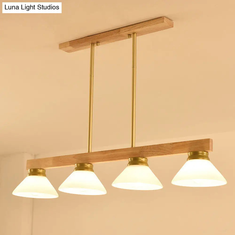 Nordic Linear Wood Hanging Light With 4 Heads And Opal Glass Shade In Gold/Black Finish