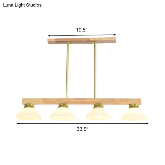 Nordic Linear Wood Hanging Light With 4 Heads And Opal Glass Shade In Gold/Black Finish