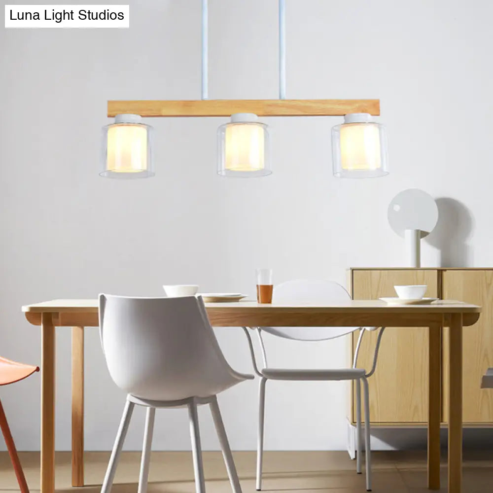 Nordic Linear Wood Island Light With White Glass Shades - 3/4 Heads Dining Room Hanging Lamp