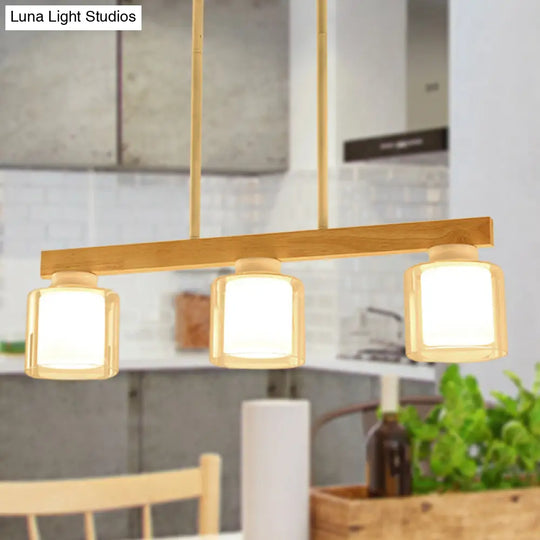 Nordic Linear Wood Island Light With White Glass Shades - 3/4 Heads Dining Room Hanging Lamp