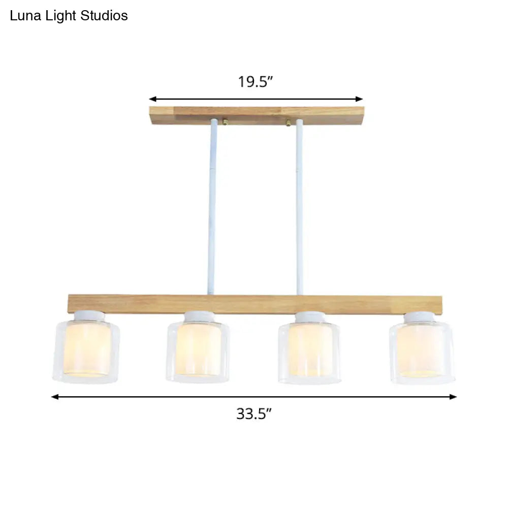 Nordic Linear Wood Island Light With White Glass Shades - 3/4 Heads Dining Room Hanging Lamp