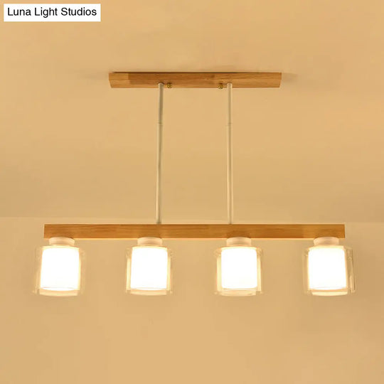 Nordic Linear Wood Island Light With White Glass Shades - 3/4 Heads Dining Room Hanging Lamp