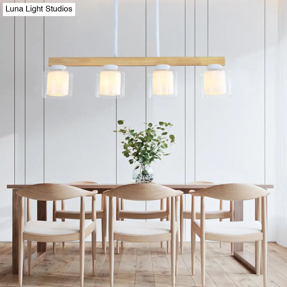 Nordic Linear Wood Island Light With White Glass Shades - 3/4 Heads Dining Room Hanging Lamp