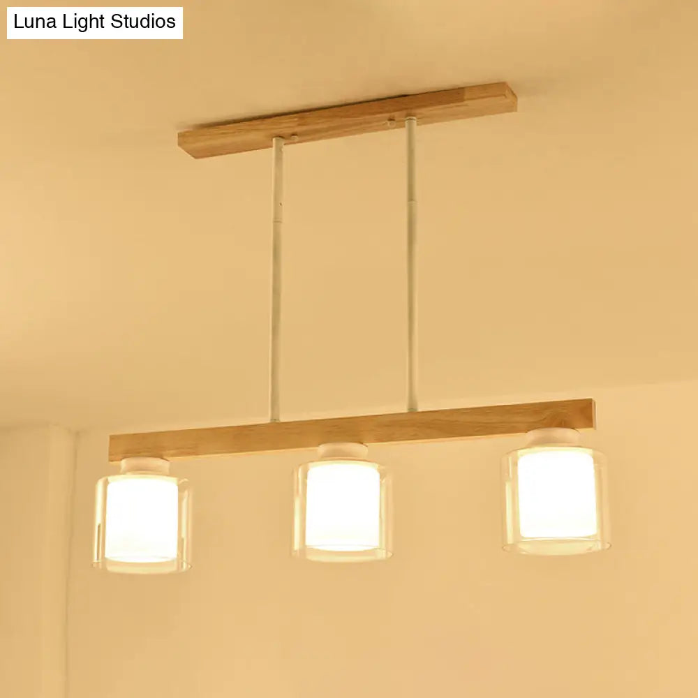 Nordic Linear Wood Island Light With White Glass Shades - 3/4 Heads Dining Room Hanging Lamp