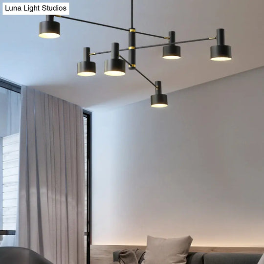 Nordic Long Arm Chandelier With Black/White Drum Shade - Stylish Metal Hanging Lighting For Living