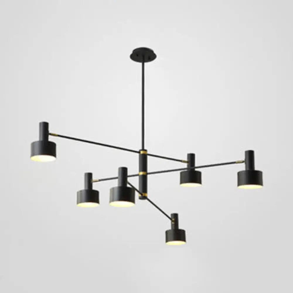 Nordic Long Arm Chandelier With Black/White Drum Shade - Stylish Metal Hanging Lighting For Living