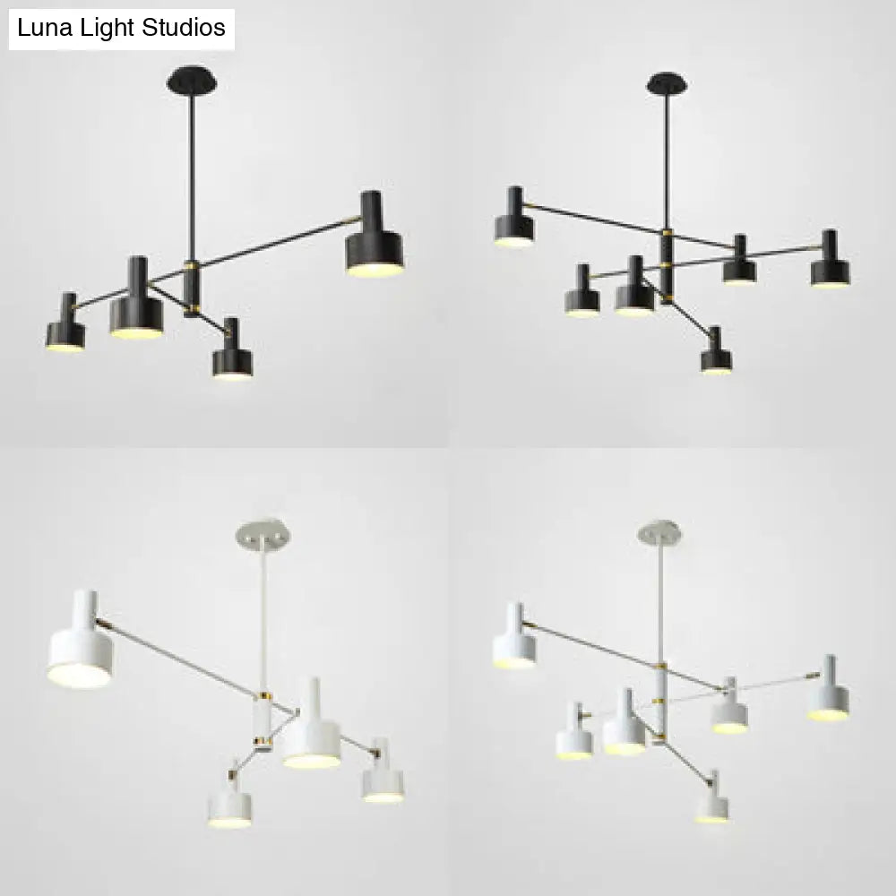 Nordic Long Arm Chandelier With Black/White Drum Shade - Stylish Metal Hanging Lighting For Living