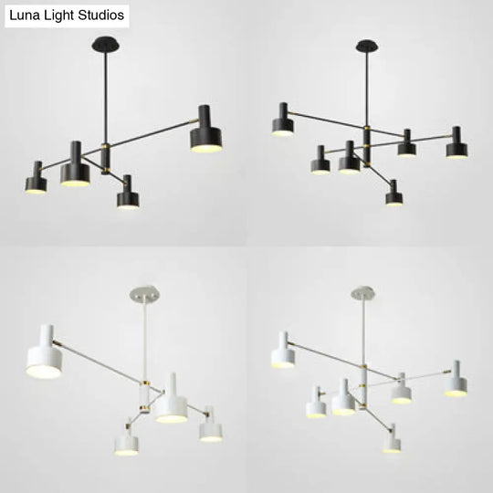 Nordic Long Arm Chandelier With Black/White Drum Shade - Stylish Metal Hanging Lighting For Living