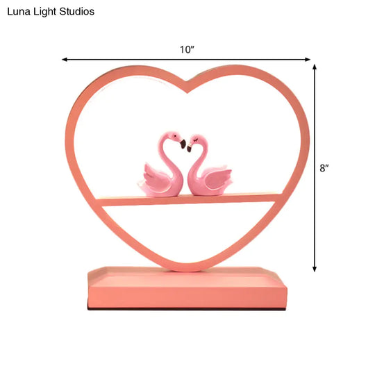 Nordic Loving Heart Led Table Lamp For Sleeping Room - Metallic Pink With Swan Deco