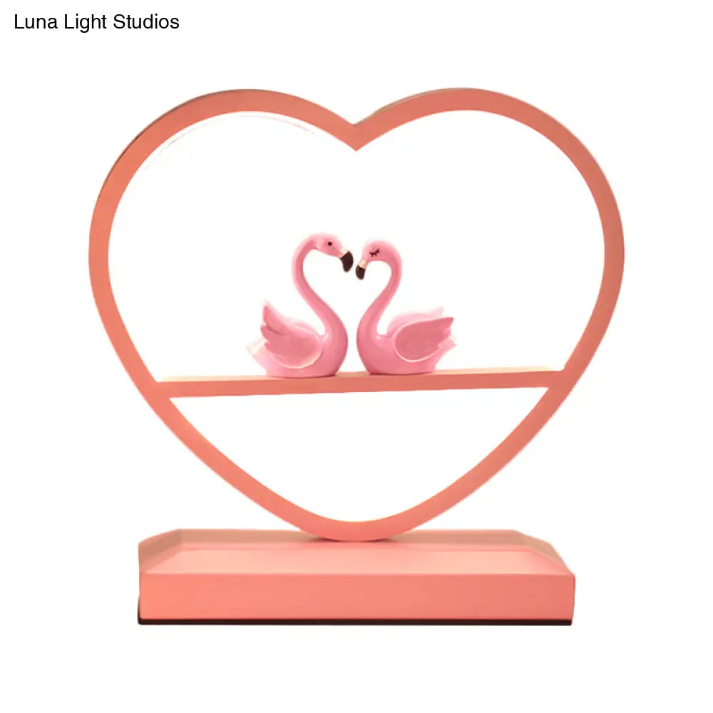 Nordic Loving Heart Led Table Lamp For Sleeping Room - Metallic Pink With Swan Deco