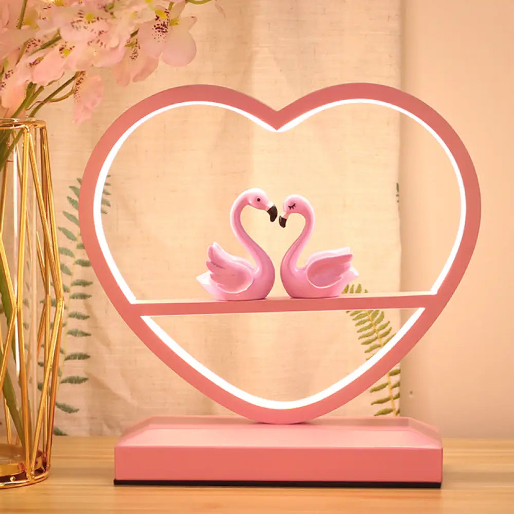 Nordic Loving Heart Led Table Lamp For Sleeping Room - Metallic Pink With Swan Deco