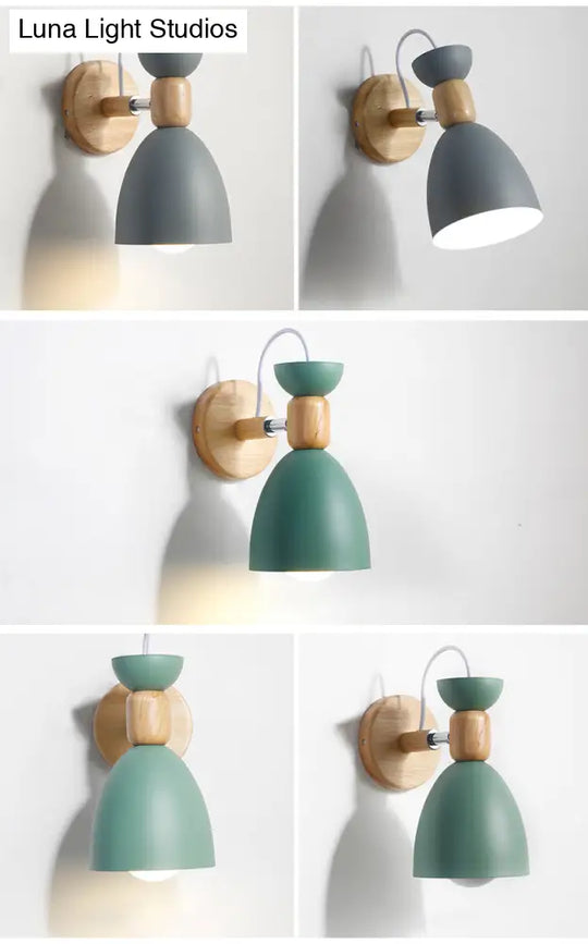 Nordic Macaroon Wall Mount Sconce: Wood Arm And Metal Shade