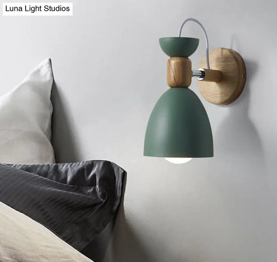 Nordic Macaroon Wall Mount Sconce: Wood Arm And Metal Shade