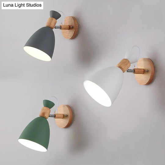 Nordic Macaroon Wall Mount Sconce: Wood Arm And Metal Shade