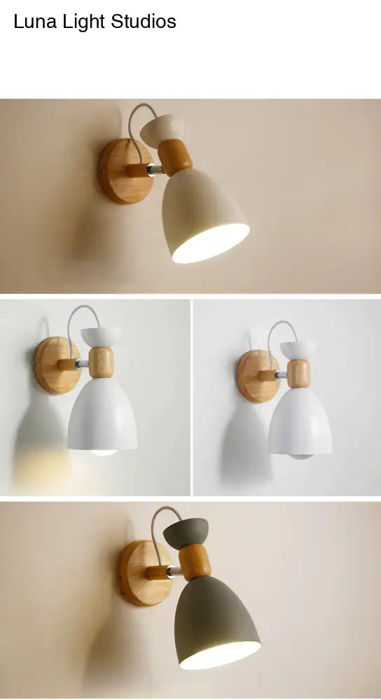 Nordic Macaroon Wall Mount Sconce: Wood Arm And Metal Shade