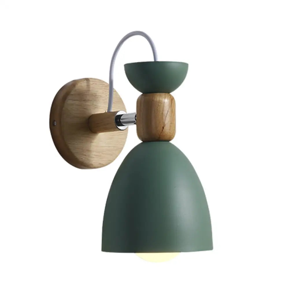 Nordic Macaroon Wall Mount Sconce: Wood Arm And Metal Shade Green