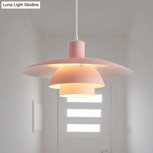 Nordic Metal Pendant Lamp With Tiered Design And Flared Shade - 1-Head Pink/White Hanging Lighting