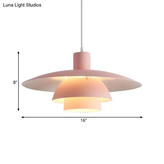 Nordic Metal Pendant Lamp With Tiered Design And Flared Shade - 1-Head Pink/White Hanging Lighting