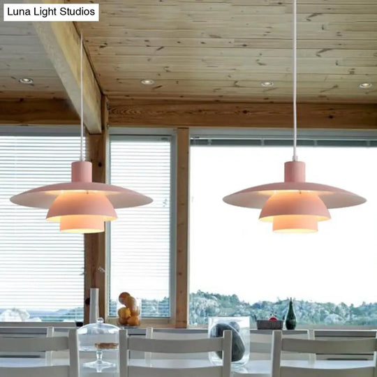 Nordic Metal Pendant Lamp With Tiered Design And Flared Shade - 1-Head Pink/White Hanging Lighting