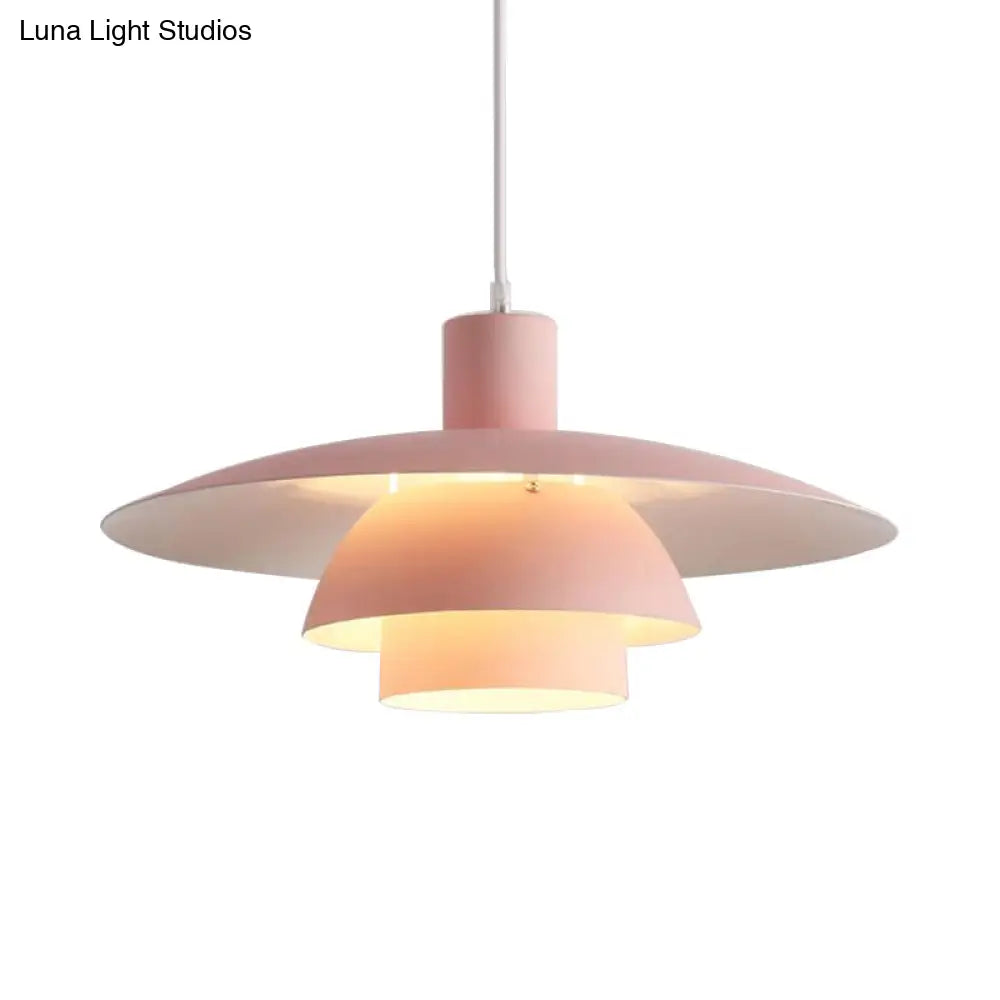 Nordic Metal Pendant Lamp With Tiered Design And Flared Shade - 1-Head Pink/White Hanging Lighting