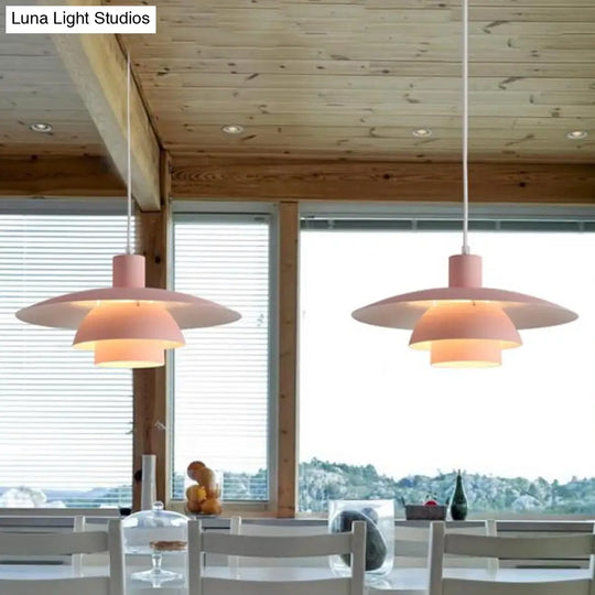 Nordic Metal 1-Head Ceiling Pendant Lamp – Modern Tiered Design With Flared Shade In Pink/White