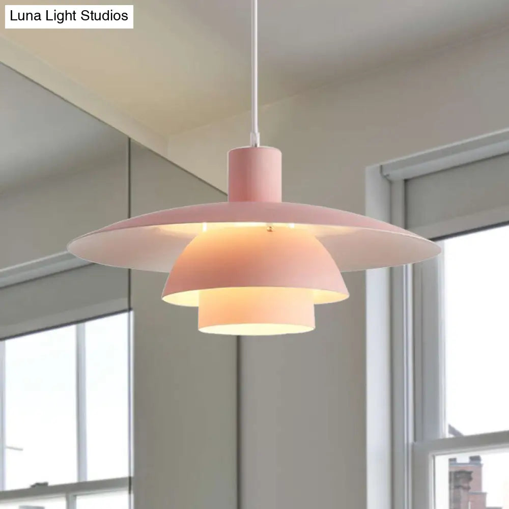 Nordic Metal Pendant Lamp With Tiered Design And Flared Shade - 1-Head Pink/White Hanging Lighting