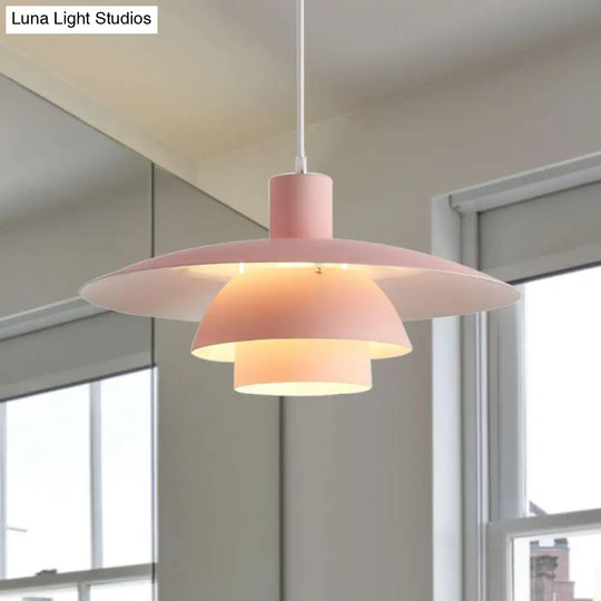 Nordic Metal Pendant Lamp With Tiered Design And Flared Shade - 1-Head Pink/White Hanging Lighting