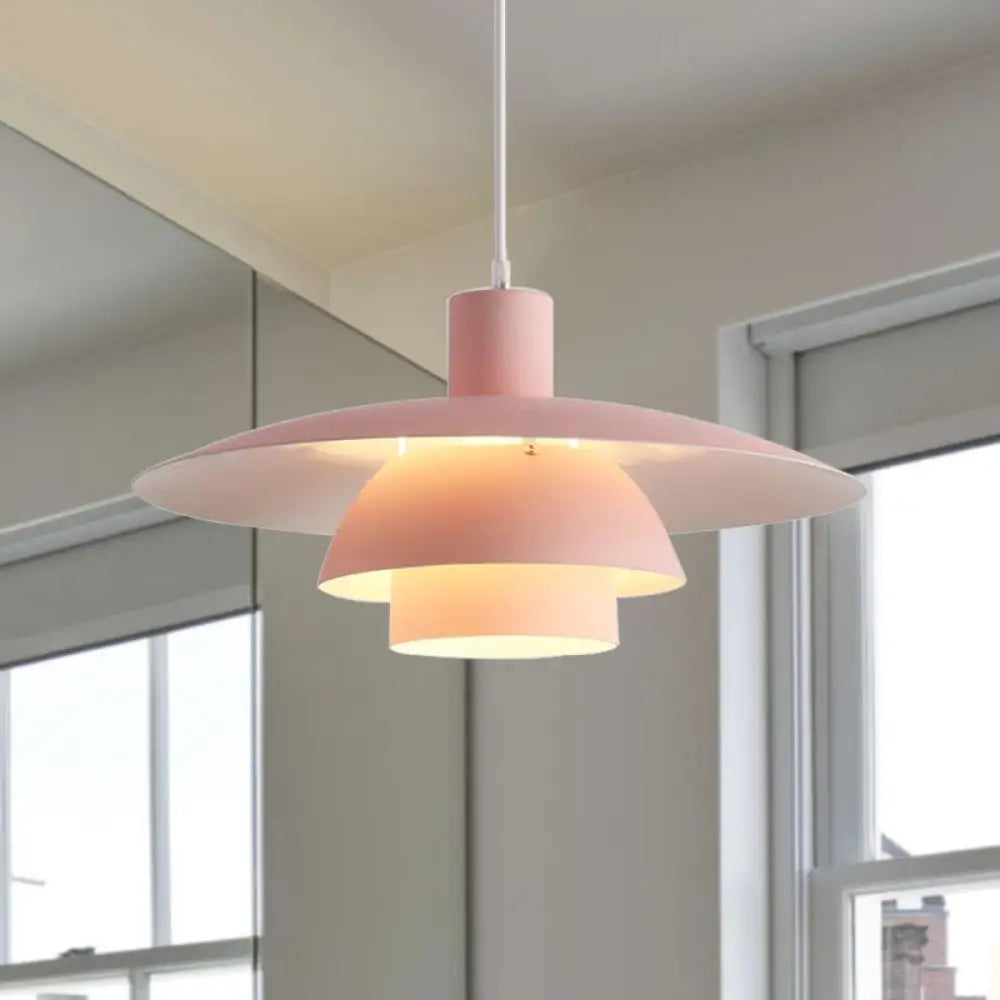 Nordic Metal 1-Head Ceiling Pendant Lamp – Modern Tiered Design With Flared Shade In Pink/White