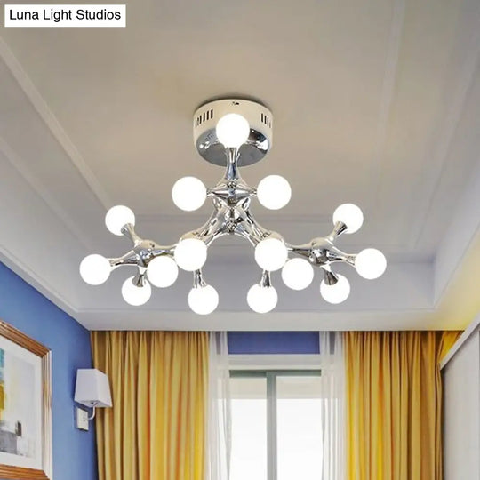 Nordic Metal 15 Bulb Silver Ceiling Mount Chandelier: Semi Flush Light For Living Room