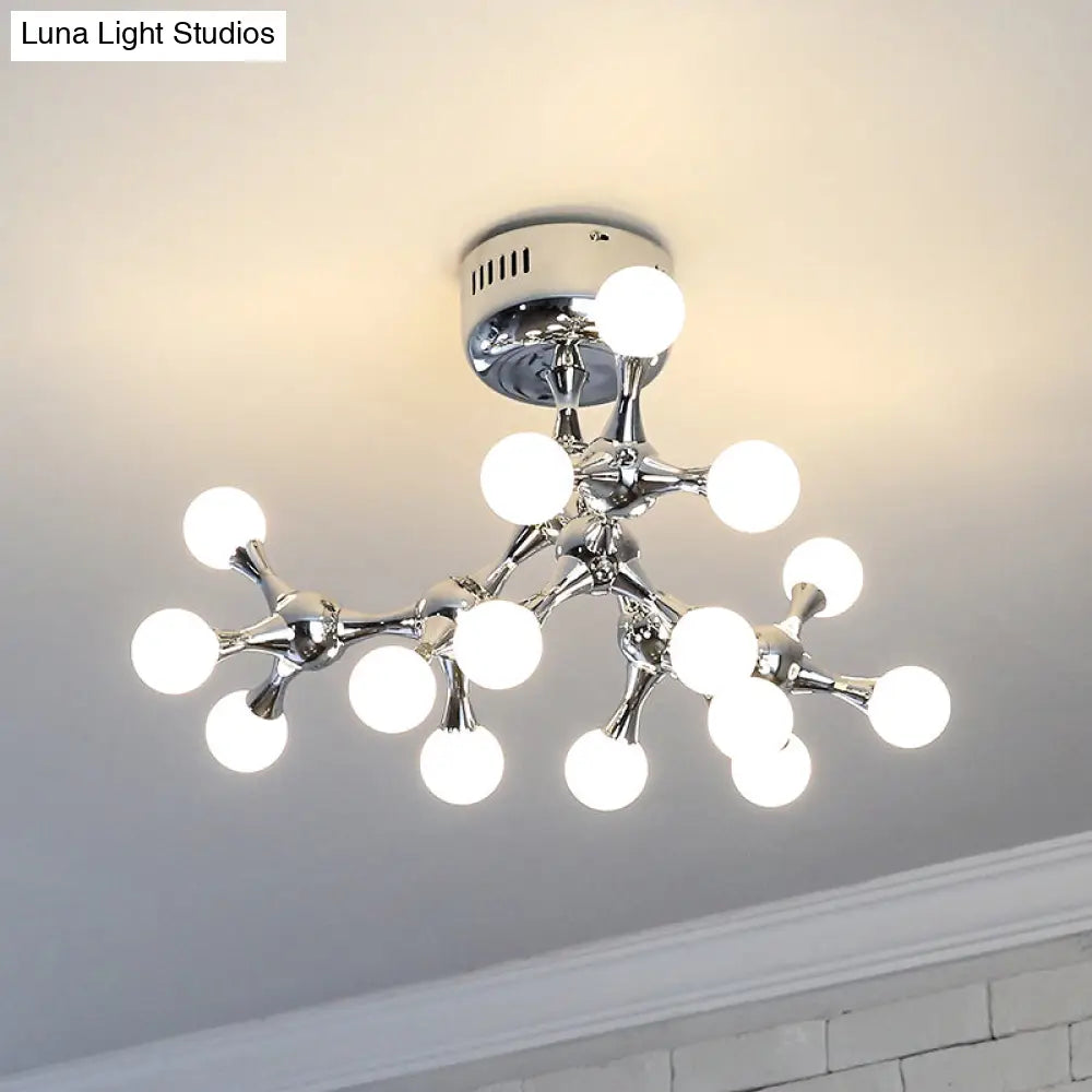 Nordic Metal 15-Light Semi Flush Mount Chandelier For Living Room - Silver Finish