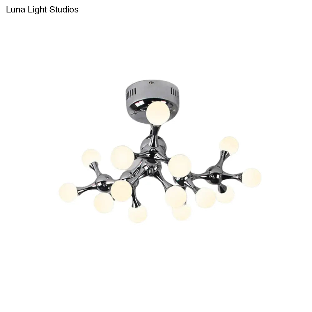 Nordic Metal 15 Bulb Silver Ceiling Mount Chandelier: Semi Flush Light For Living Room