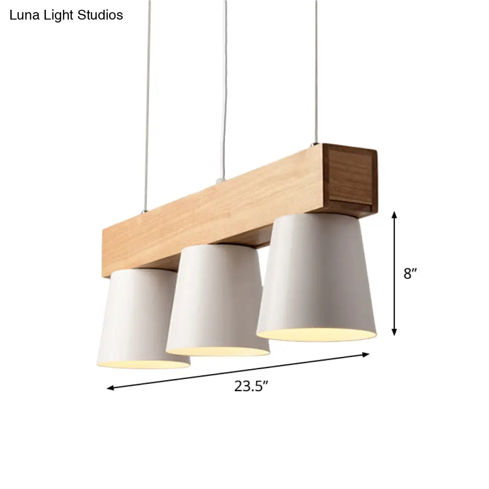 Nordic Metal 3-Head Conical Frustum Pendant Light - White Island Suspension Lamp With Wood Beam