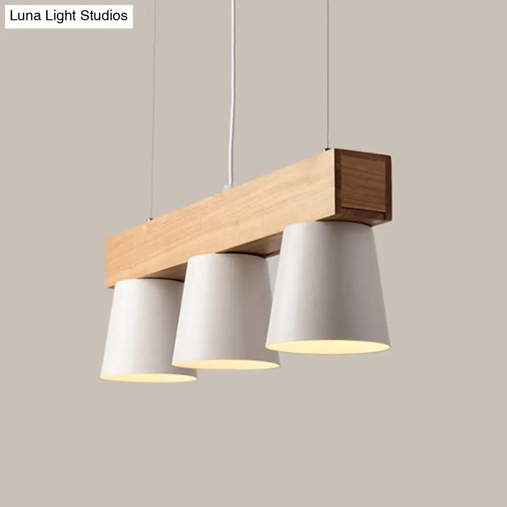 Nordic Metal 3-Head Conical Frustum Pendant Light - White Island Suspension Lamp With Wood Beam