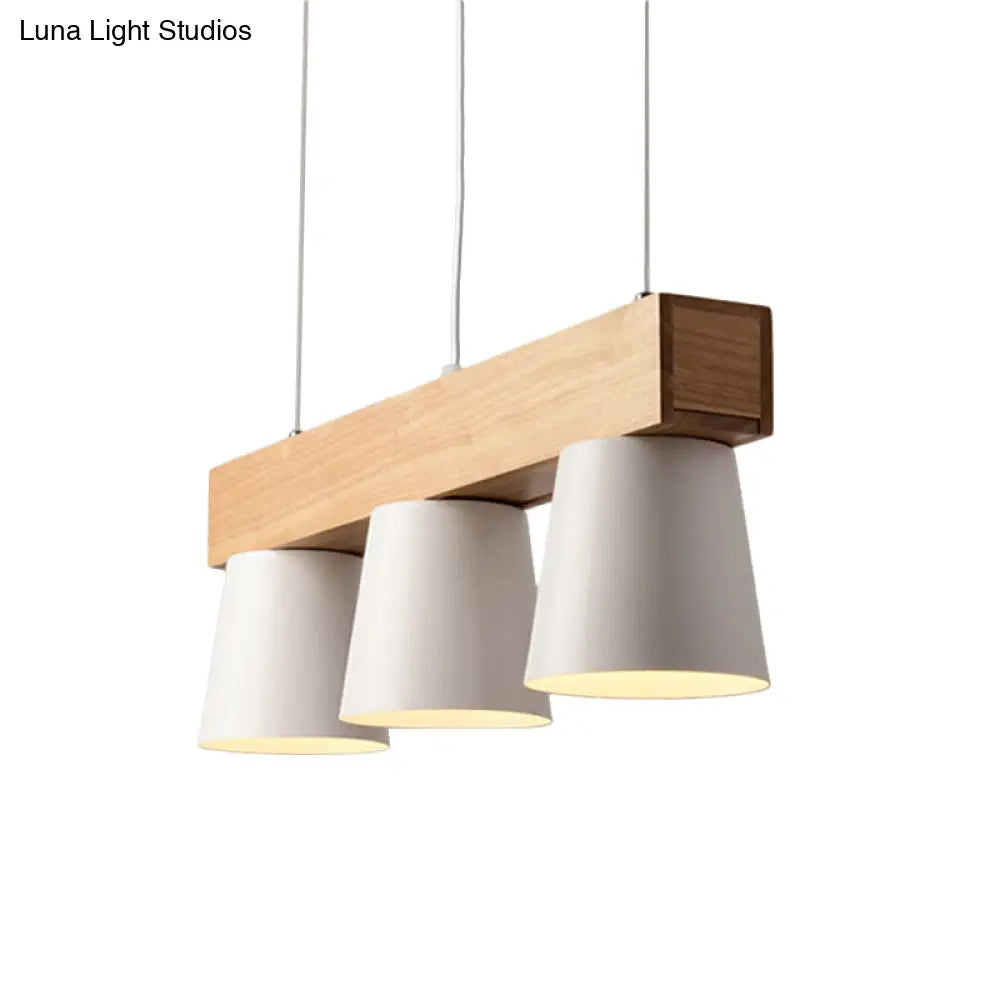 Nordic Metal 3-Head Conical Frustum Pendant Light - White Island Suspension Lamp With Wood Beam