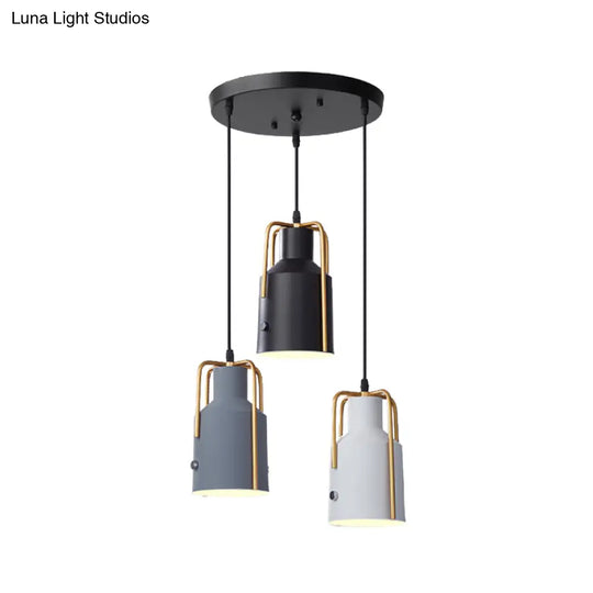 Nordic Metal 3-Head Hanging Lamp Kit: Cylinder Bottle And Bell - Black Suspended Pendant For Dining