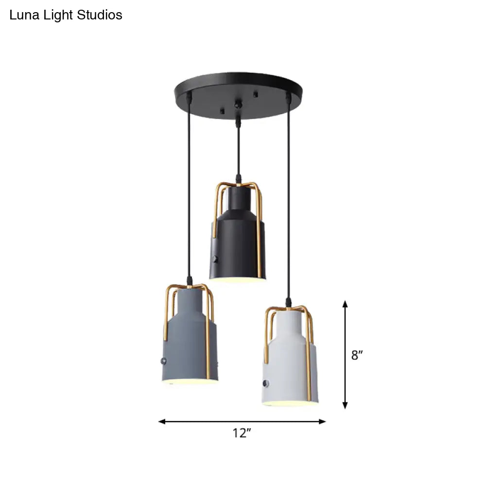 Nordic Metal 3-Head Hanging Lamp Kit: Cylinder Bottle And Bell - Black Suspended Pendant For Dining