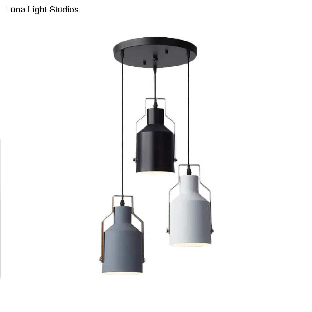 Nordic Metal 3-Head Hanging Lamp Kit: Cylinder Bottle And Bell - Black Suspended Pendant For Dining