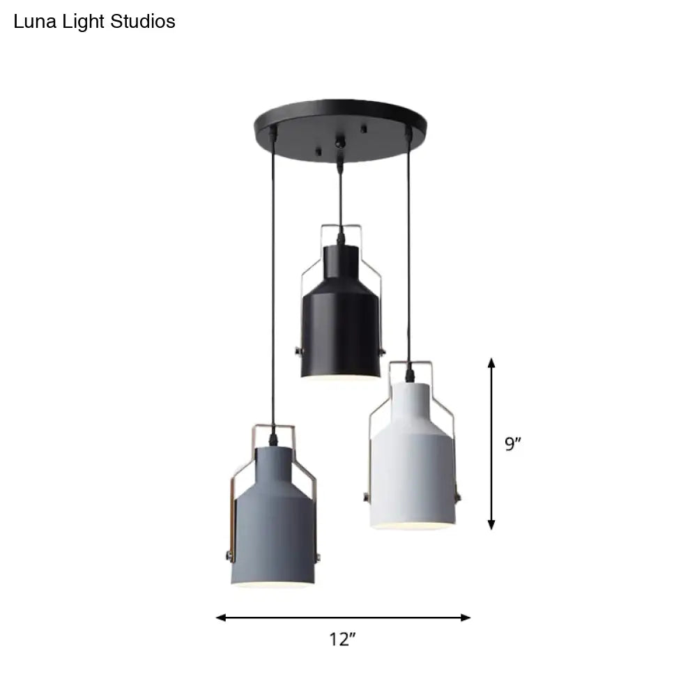 Nordic Metal 3-Head Hanging Lamp Kit: Cylinder Bottle And Bell - Black Suspended Pendant For Dining