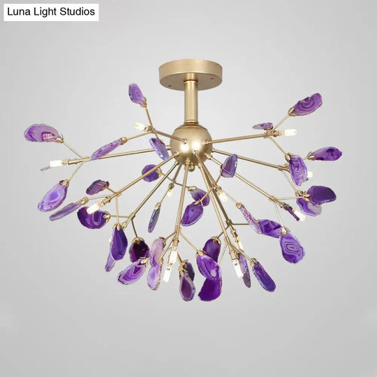 Nordic Metal And Agate Gold Semi Flush Mount Ceiling Fixture For Bedroom