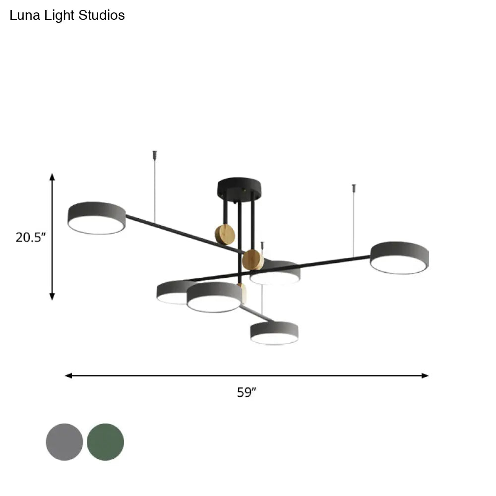 Nordic Metal Branch Chandelier Light Fixture - 6 Head Grey/Green Hanging Lamp With Wood Decor