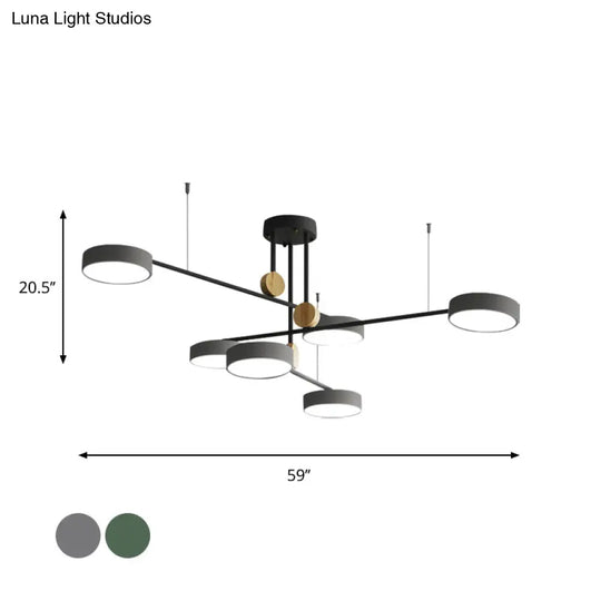 Nordic Metal Branch Chandelier Light Fixture - 6 Head Grey/Green Hanging Lamp With Wood Decor