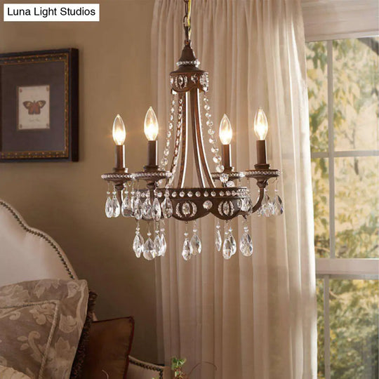 Nordic Metal Candle Chandelier: Rustic Hanging Light Fixture With Crystal Drop - 4 Lights