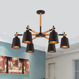 Nordic Metal Chandelier Light With 6 Bulbs & Wooden Arm - Black/White Suspension Lamp For Living