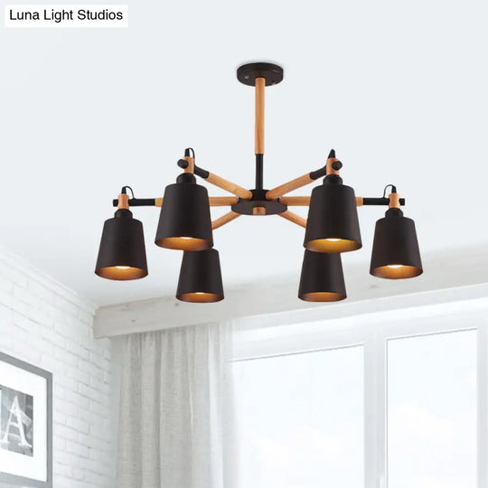 Nordic Metal Chandelier Light With 6 Bulbs & Wooden Arm - Black/White Suspension Lamp For Living