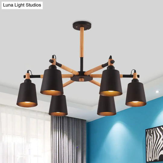 Nordic Metal Chandelier Light With 6 Bulbs & Wooden Arm - Black/White Suspension Lamp For Living