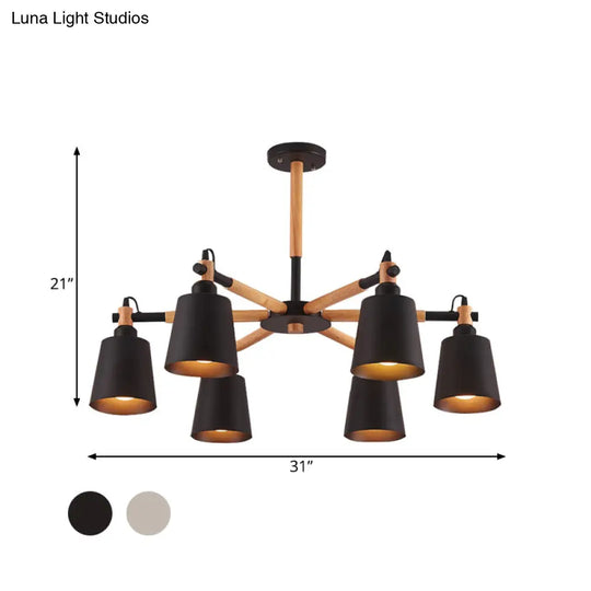 Nordic Metal Chandelier Light With 6 Bulbs & Wooden Arm - Black/White Suspension Lamp For Living